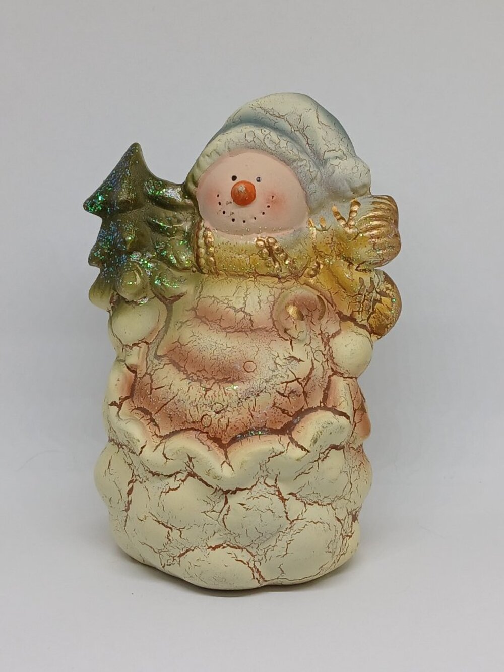 MODERN Ceramic SNOWMAN with TREE HOLIDAY CHRISTMAS ORNAMENT